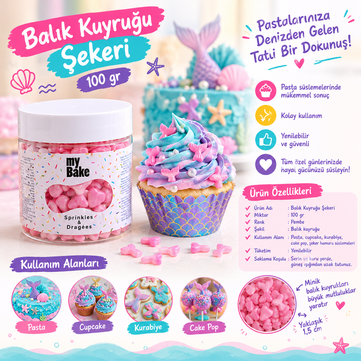 Balık Kuyruğu Şekeri Pembe 100gr