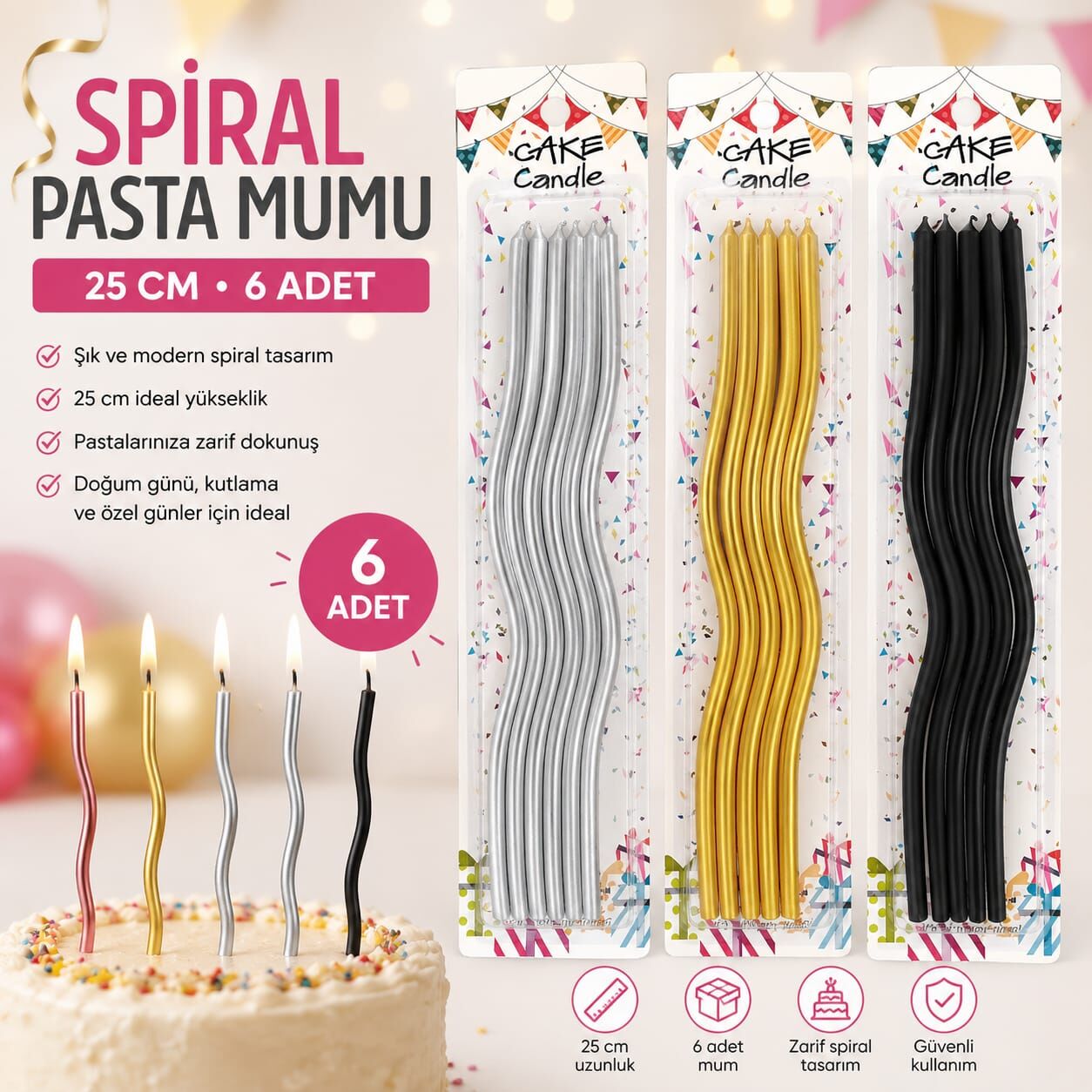 Uzun Spiral Pasta Mumları 6'lı 25 cm