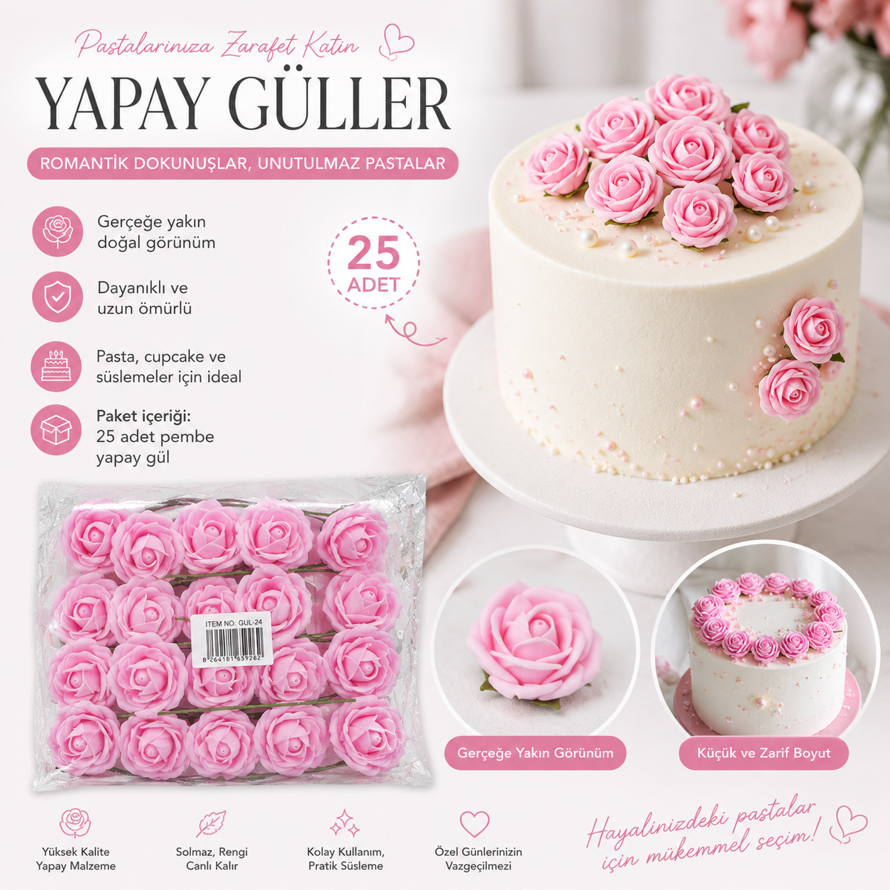 Pembe Pasta Gülleri Yapay Dekoratif Güller 25 li paket