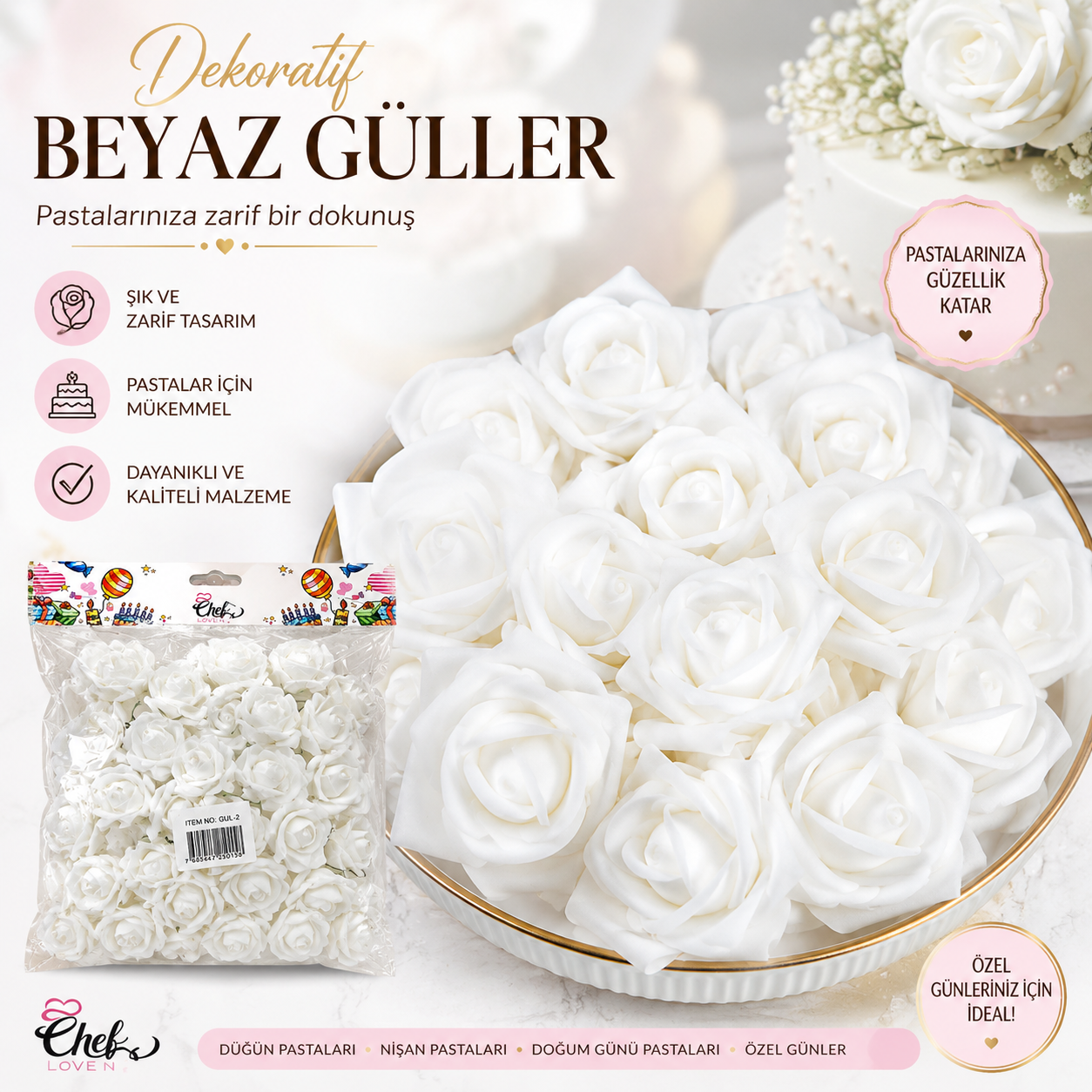 Beyaz Pasta Gülleri Dekoratif 25li