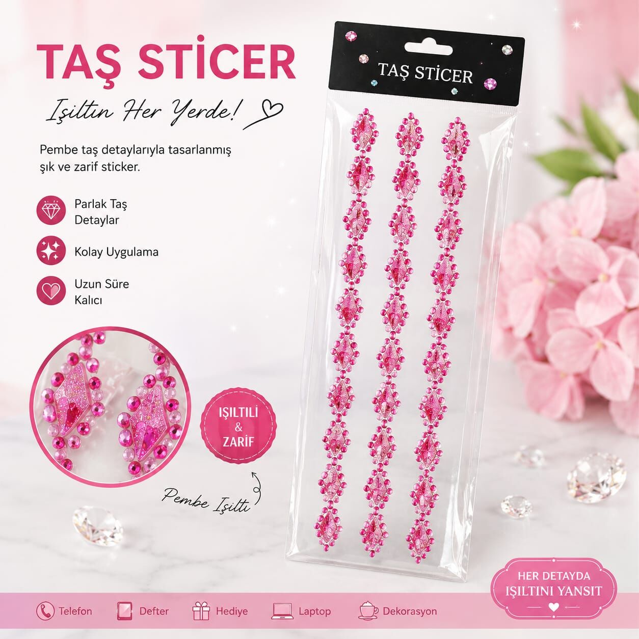 Taş Mücevher Sticker Pembe Renk
